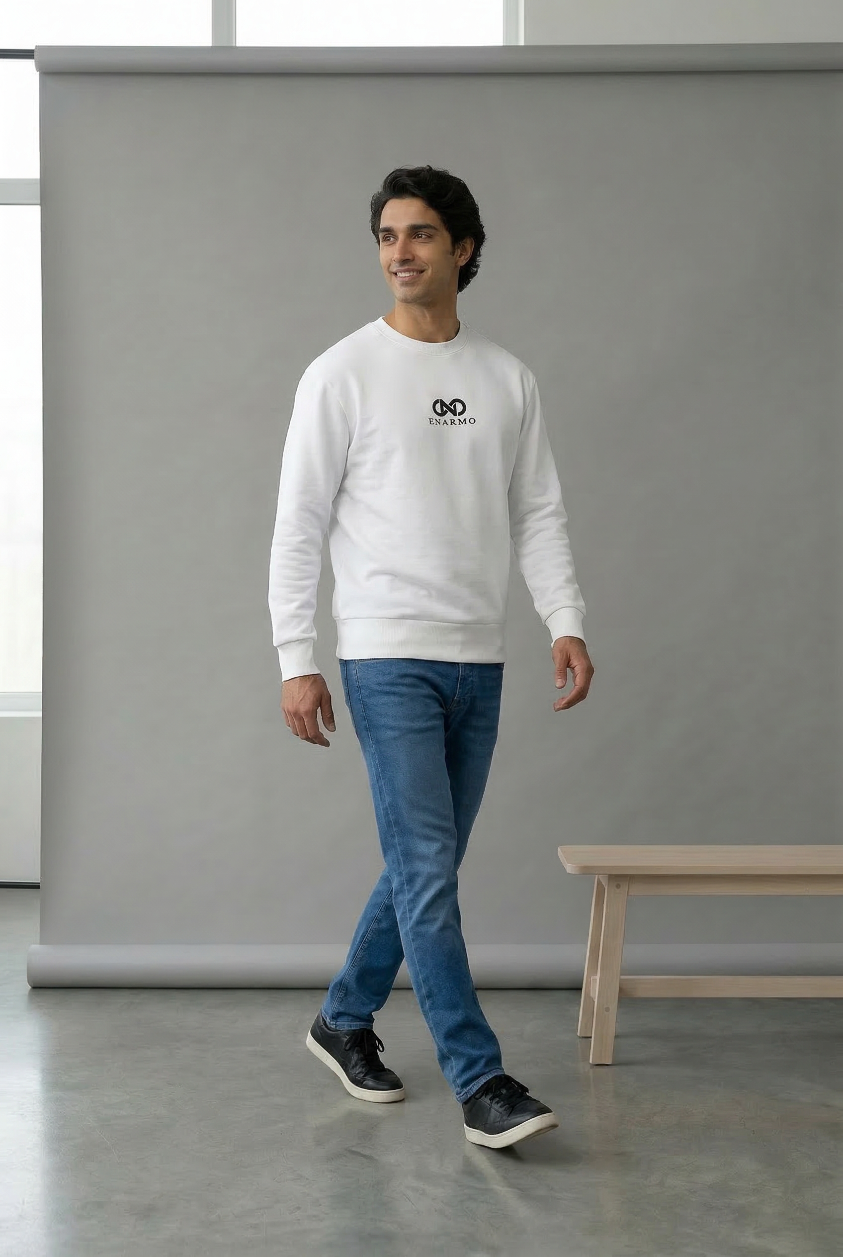 White Cotton Sweatshirt – Black Embroidered Logo Motif