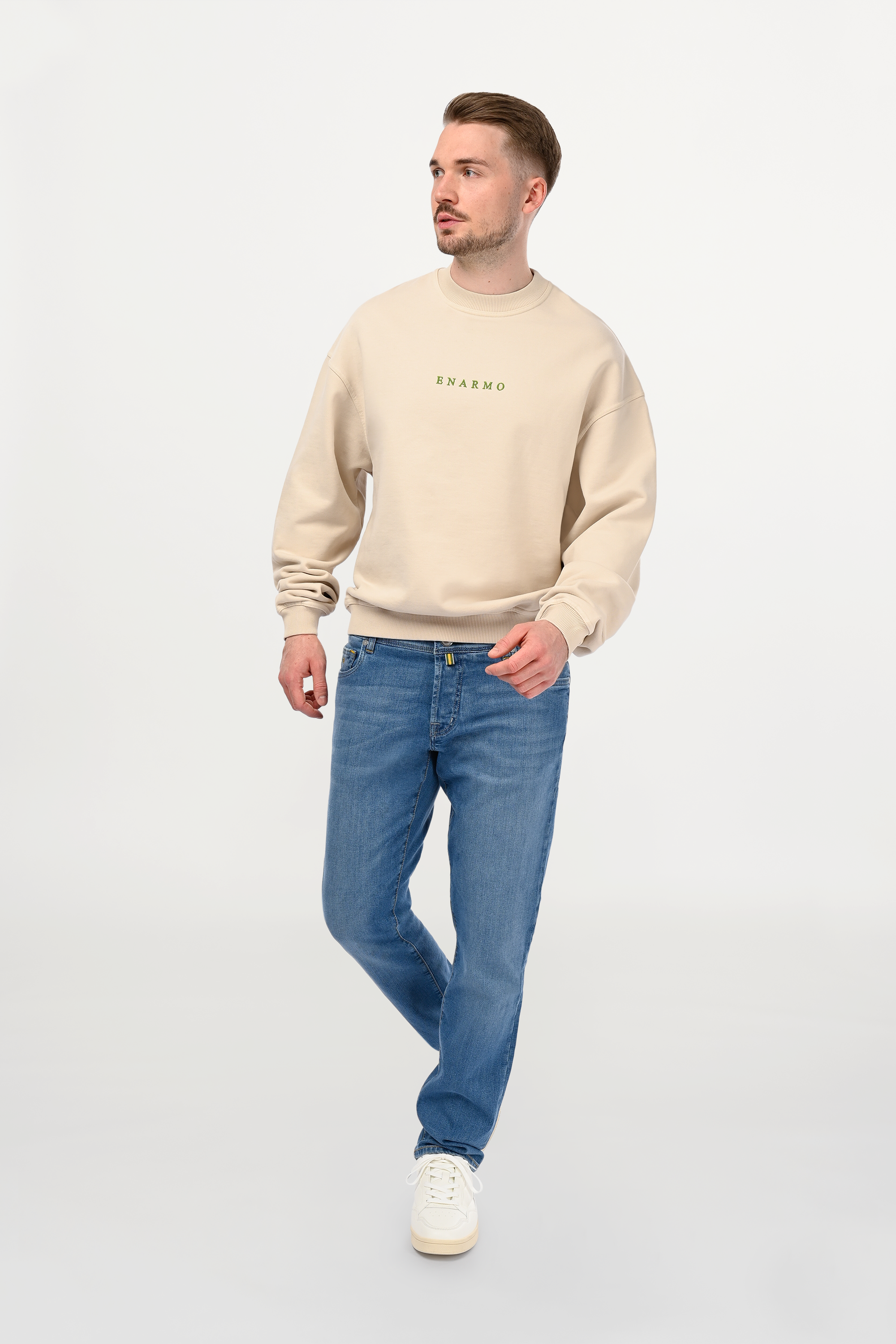Beige Oversized Cotton Sweatshirt – Green Embroidery & Amazona-Style Back Print