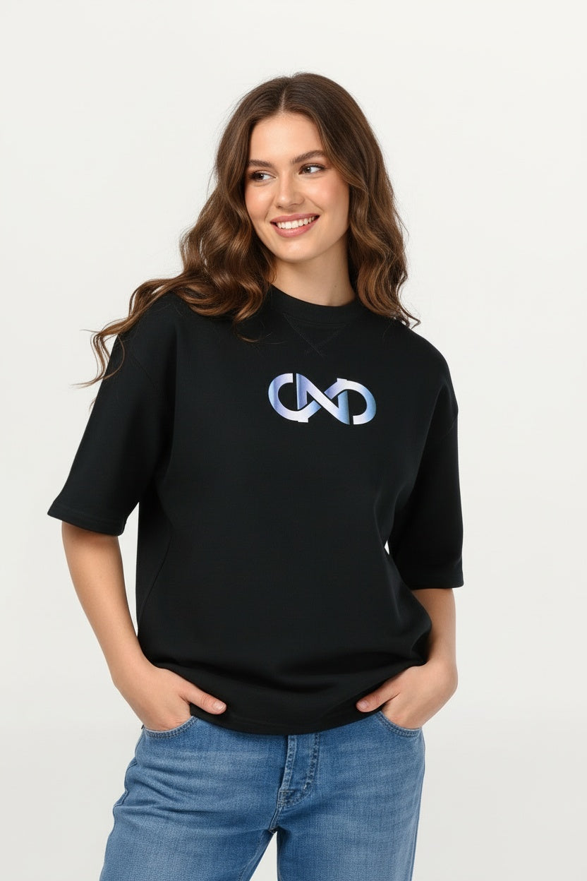 Black Oversized Cotton T-Shirt – Sky Gradient Motif