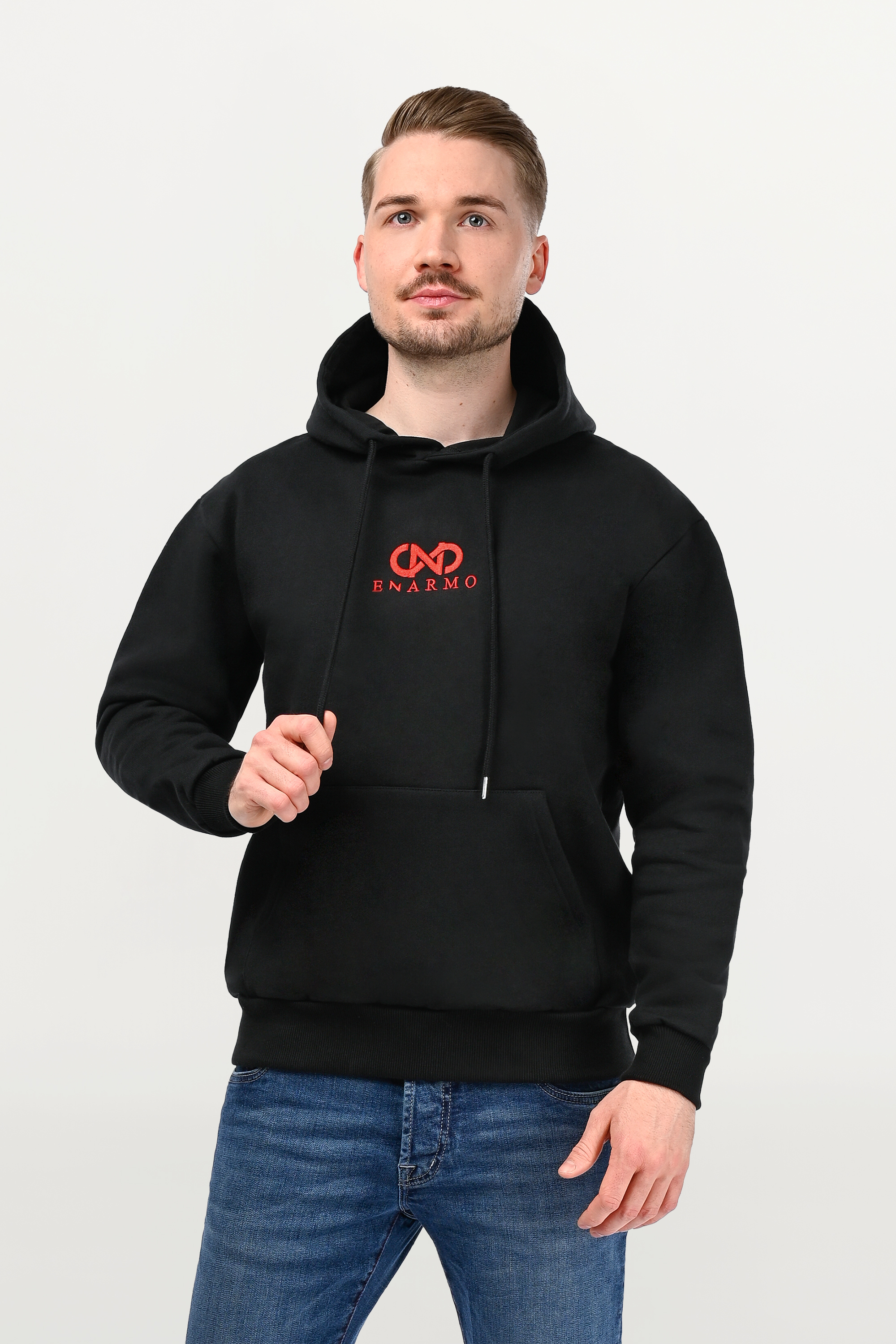 Black Cotton Hoodie – Red Embroidered Logo Motif